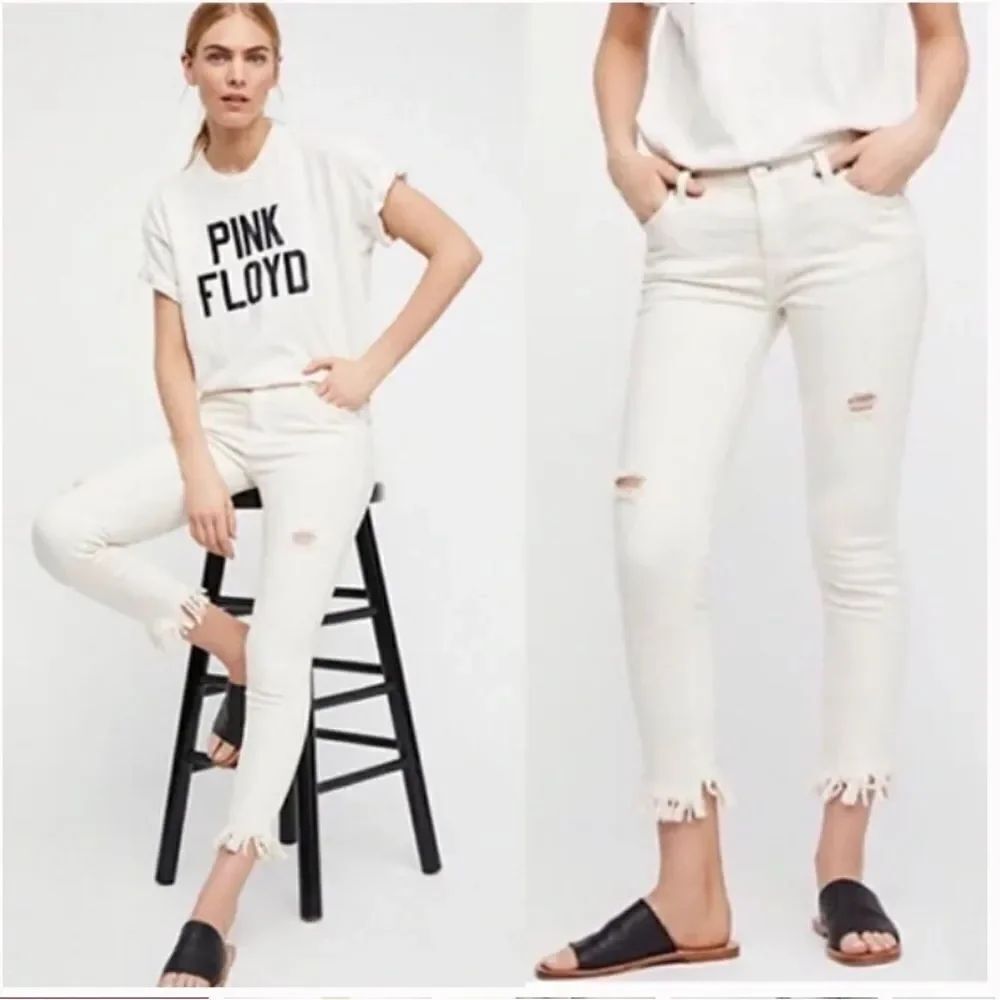 Free People White Fringe Hem Jeans